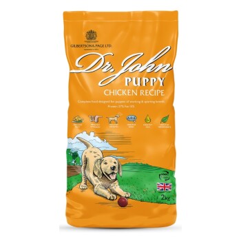 Tüte mit Hundefutter Dr. John Puppy Chicken Recipe, mit einer verspielten Hundillustration, 10 kg Größe, mit 27% Protein und 15% Fett.