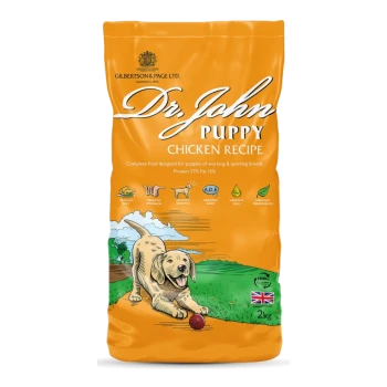 Tüte mit Hundefutter Dr. John Puppy Chicken Recipe, mit einer verspielten Hundillustration, 10 kg Größe, mit 27% Protein und 15% Fett.