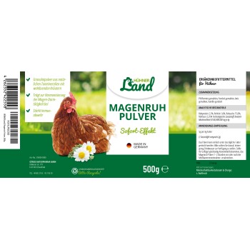 Etikett für "Magenruh Pulver" für Hühner, mit einer braunen Henne, mit Text, der Zutaten, Vorteile und Anwendungshinweise beschreibt.