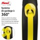 Laisse rétractable pour chien Flexi avec un système de guidage à 360°, présentant une sangle jaune et une poignée noire, avec un texte détaillant sa fonctionnalité.