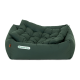 Grünes Haustierbett mit gepolstertem Design und einem Logo, das 'Doctor Bark' liest.