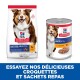 Emballage de nourriture pour chiens Hill's Science Plan : croquettes sèches "Mature Adult 7+" et nourriture humide au poulet, promouvant la santé des chiens âgés.