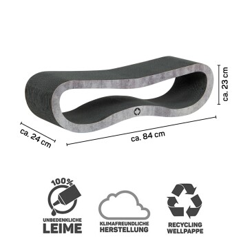 Kratzbaum für Katzen im Wellen-Design, Maße 84 cm x 24 cm x 23 cm, mit umweltfreundlichen Materialien und Produktionssymbolen.