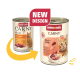 Twee blikken Animonda Carny Adult kattenvoer, rundvlees- en kippen smaak, met oud en nieuw ontwerp en een label 'NIEUW ONTWERP'.