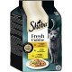 Verpackung von Sheba Fresh Cuisine Katzenfutter mit einer grauen Katze, mit Geschmäckern: Truthahn mit Tomate, Hähnchen Carbonara und Geflügel Puttanesca.