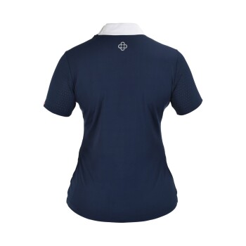 Marineblaues Poloshirt mit weißem Kragen, mit einem kleinen Logo auf der Rückseite und perforierten Ärmeln für Atmungsaktivität.