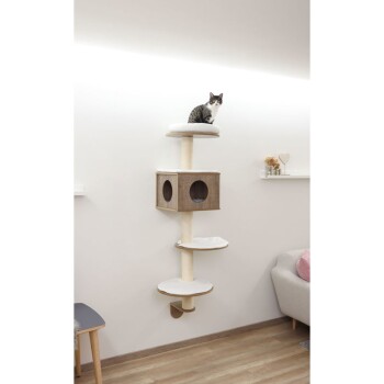Nowoczesne drzewko dla kotów z wieloma poziomami, z przytulnym sześciennym schowkiem i tabby kotem siedzącym na górnej platformie.