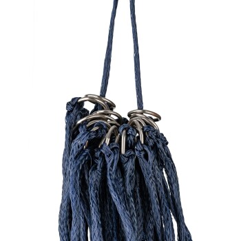 Marineblaue geflochtene Leine mit mehreren Metallringen oben, entworfen für Haustierleinen oder Geschirre.