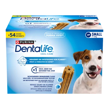 Friandises Purina Dentalife Oral Care pour petits chiens de 7-12 kg, 54 bâtonnets, réduisent la plaque, texture douce, avec image d'un chien.
