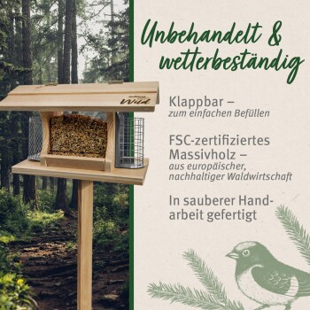 Holz-Vogelfutterspender mit klappbarem Deckel für einfaches Befüllen, aus FSC-zertifiziertem Holz, das Wetterbeständigkeit und handwerkliche Qualität hervorhebt.