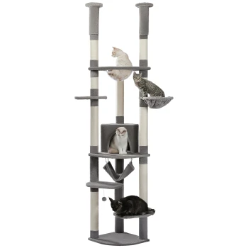 Deckenhoch Kratzbaum Luxus grau Ein hoher, mehrstöckiger Katzenbaum mit drei Katzen, die auf verschiedenen Plattformen sitzen, mit einem gemütlichen Versteck, Kratzpfosten und einem baumelnden Spielzeug.