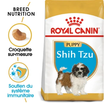 Sac de nourriture pour chien Royal Canin Puppy Shih Tzu présentant une illustration de chiot Shih Tzu, avec un texte mettant en avant la nutrition de la race et le soutien immunitaire.