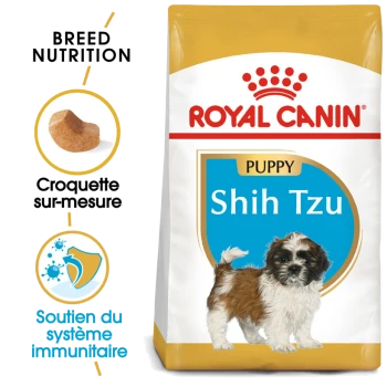 Sac de nourriture pour chien Royal Canin Puppy Shih Tzu présentant une illustration de chiot Shih Tzu, avec un texte mettant en avant la nutrition de la race et le soutien immunitaire.