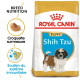 Sac de nourriture pour chien Royal Canin Puppy Shih Tzu présentant une illustration de chiot Shih Tzu, avec un texte mettant en avant la nutrition de la race et le soutien immunitaire.