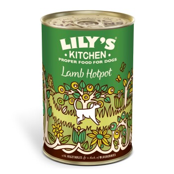 Can of Lily's Kitchen Proper Food for Dogs Lamb Hotpot with vegetables and a dash of blueberries, green label with dog and nature illustration.
