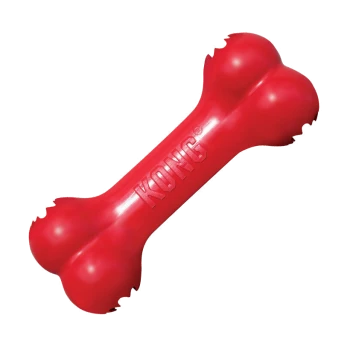 Jouet à mâcher pour chien KONG rouge en forme d'os, avec des extrémités texturées et le logo KONG embossé sur le côté.