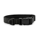Schwarzes gepolstertes Nylon-Hundehalsband mit Kunststoff-Schnellverschluss, Metall-D-Ring und atmungsaktivem Mesh-Futter.