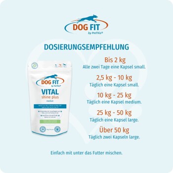 Dog Fit VITAL Beutel mit deutscher Dosierungsempfehlung 'Dosierungsempfehlung', die Kapseldosen nach Gewicht zeigt (von 'bis 2 kg' bis 'über 50 kg').