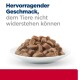 Eine weiße Schüssel gefüllt mit feuchtem, stückigem Haustierfutter, mit dem Text "Hervorragender Geschmack, dem Tiere nicht widerstehen können" darüber.