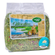 Ein 500g Beutel "Weserheu" Heu für kleine Haustiere, mit Kaninchen im Hintergrund und Text: "schonend getrocknet," "staubarm," "100% NATUR."