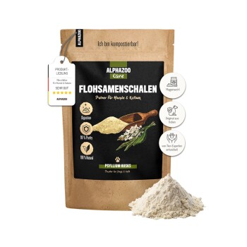 Verpackung für ALPHAZOO Care Flohsamenschalen, ein Pulver für Hunde und Katzen, mit dem Text "FLOHSAMENSCHALEN" und "Ich bin kompostierbar!"