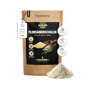 Verpackung für ALPHAZOO Care Flohsamenschalen, ein Pulver für Hunde und Katzen, mit dem Text "FLOHSAMENSCHALEN" und "Ich bin kompostierbar!"