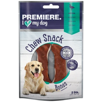 Kau-Snackknochen für Hunde, mit einem Golden Retriever auf der Verpackung, beschriftet mit "mit Ente" und "2 Stk."