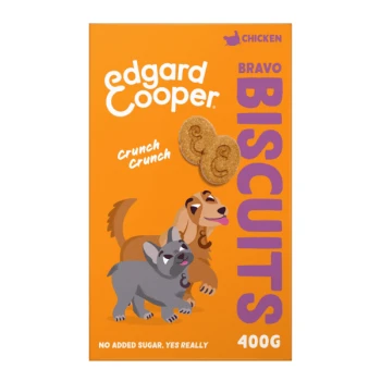 Edgard Cooper Bravo Biscuits packaging shows a brown and gray cartoon dog with "Crunch Crunch" and "No added sugar. YES REALLY." on orange.