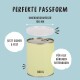 Dose mit Haustierfutter mit einem hellgelben Etikett, Aufreißdeckel und Text: "Perfekte Passform," "Innendurchmesser 100 mm," "800 G."