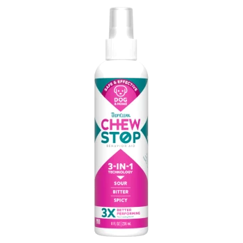 TropiClean Chew Stop spray for dogs, behavior aid with 3-in-1 sour, bitter, spicy formula, 8 fl oz bottle.