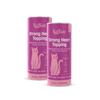 Zwei rosa KatKare 'Strong Heart Topping'-Dosen für Katzen mit Katzenillustration; sichtbarer Text: KatKare, Vital-Topping
