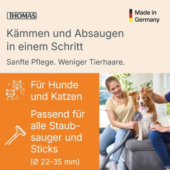 Haustierpflege-Set mit Staubsaugerdüse, extra langem Schlauch, Adapter und Kämmen für verschiedene Felltypen auf Fellhintergrund.