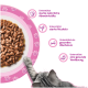 Pfote einer grauen getigerten Katze greift nach Nassfutter in einem rosa Napf; deutscher Text: unterstützt Immunität, Muskeln, Wachstum, Verdauung.
