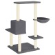 Grauer Katzenbaum mit mehreren Ebenen, einer gemütlichen Schüssel und stabilen beigen Pfosten, entworfen zum Klettern und Ausruhen.