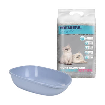 Katzenstreu-Beutel mit zwei Kätzchen, Text "PREMIERE. Ich liebe meine Katze. NON-CLUMPING KITTEN LITTER," und einer hellblauen Katzentoilette.