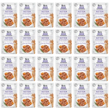 Wiele saszetek Brit Care Kitten Fillets w galaretce, smak Soczysty Łosoś, z obrazkami kociąt i rozmarynu.