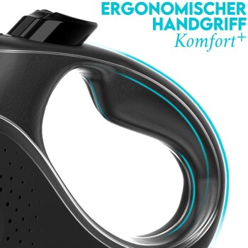 Ergonomisches Griffdesign eines Haustierpflegewerkzeugs, mit einem eleganten schwarzen Finish und blauen Akzenten sowie dem Text "Ergonomischer Handgriff Komfort+".