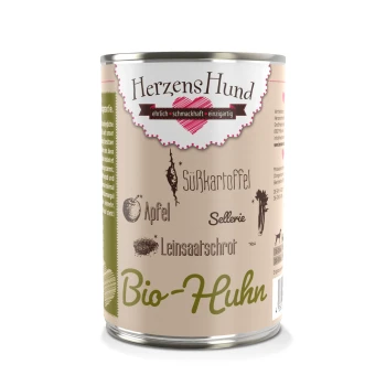 Adult 12x400g Bio Huhn Eine "HerzensHund"-Dose mit Haustierfutter, die Süßkartoffel, Apfel, Sellerie, Leinsamenmehl enthält und deutlich mit "Bio-Huhn" gekennzeichnet ist.
