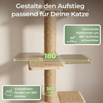 Beiger Sisal-Kratzbaum mit breiten Plattformen; deutscher Text 'Gestalte den Aufstieg passend für Deine Katze' sowie die Drehangaben '180°' und '360°'.
