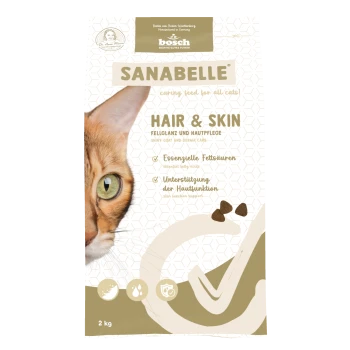 Sanabelle Hair & Skin Katzenfutter-Beutel mit Nahaufnahme eines Katzenkopfes, essentielle Fettsäuren, Unterstützung der Hautfunktion, 2 kg.