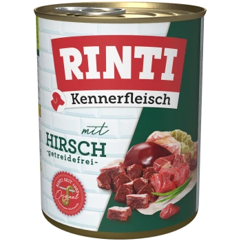 Rinti Kennerfleisch Dosen-Haustierfutter mit Wild, das Fleisch- und Leberstücke enthält, mit dem Etikett "getreidefrei".