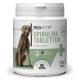 Behälter mit REAVET Spirulina-Tabletten für Hunde, 500 Tabletten, 125g, beschriftet mit "Premium Qualität", hergestellt in Deutschland, mit einer Hundesilhouette.