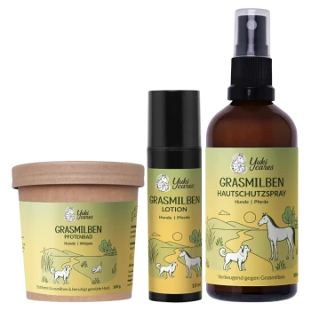 Yuki Cares Haustierpflegeprodukte: grünes Schutzspray (100ml), schwarzer Grasmilben-Roll-On und braunes Grasmilben-Fußbad (100g) in beigem Beutel.