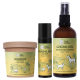 Yuki Cares Haustierpflegeprodukte: grünes Schutzspray (100ml), schwarzer Grasmilben-Roll-On und braunes Grasmilben-Fußbad (100g) in beigem Beutel.