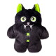 Plush black cat-shaped pet toy with bright green inner ears and eyes, embroidered fangs and two green "X" buttons on the chest