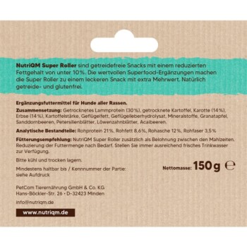 NutriQM Super Roller getreidefreie Hundesnacks mit Lammprotein, Gemüse und Superfoods, 150 g, fettarm unter 10 %.