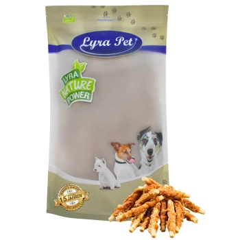 Verpackung von Lyra Hundeleckerlis mit verschiedenen Hunden, beschriftet mit "Lyra Nature Power," mit einem "100% natürlich"-Siegel und "10 Jahren Best Qualität"-Abzeichen.