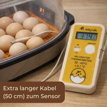 Brutapparat mit Eiern und digitalem Thermometer, Anzeige 37,4 °C, Sonde und Overlay-Text 'Extra langer Kabel 50 cm zum Sensor'