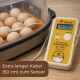 Brutapparat mit Eiern und digitalem Thermometer, Anzeige 37,4 °C, Sonde und Overlay-Text 'Extra langer Kabel 50 cm zum Sensor'