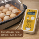 Brutapparat mit Eiern und digitalem Thermometer, Anzeige 37,4 °C, Sonde und Overlay-Text 'Extra langer Kabel 50 cm zum Sensor'